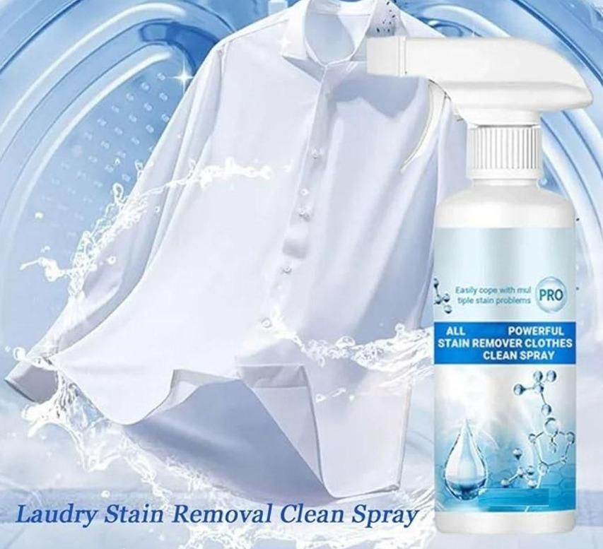 A close-up view of the Clean Spray Stain Remover bottle next to a fabric surface, demonstrating a clean and modern cleaning concept.