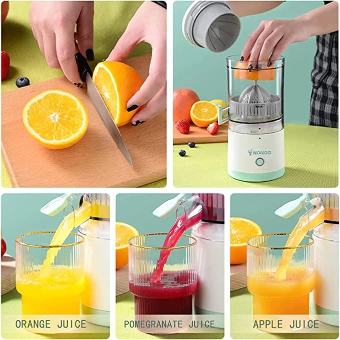 The Electric Citrus Juicer in use, with fresh, halved citrus fruits nearby, staged in a clean, minimalist kitchen setting.